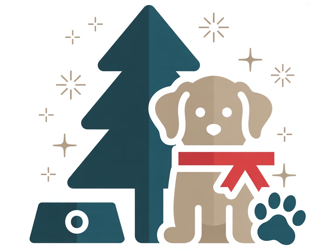 Illustrazione stilizzata di un cane seduto accanto a un albero di Natale, con un fiocco rosso al collo, su sfondo chiaro decorato con piccole stelle.