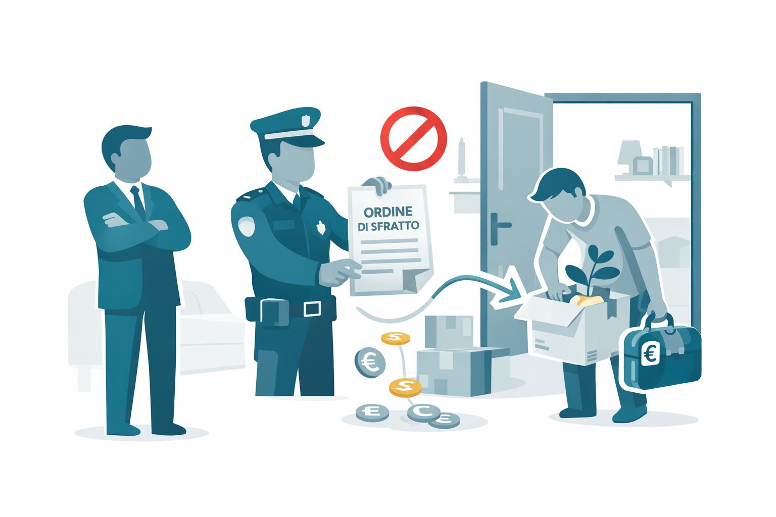 Illustrazione di una procedura di sfratto per morosità: un ufficiale notifica l'ordine di sfratto al proprietario mentre l'inquilino raccoglie i propri effetti personali e monete cadono sul pavimento a simboleggiare il danno economico del mancato pagamento dell'affitto.